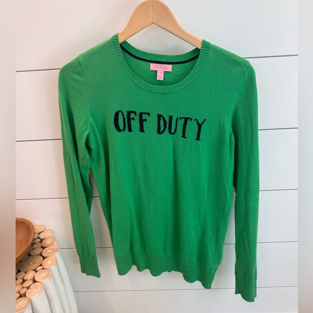 Lilly Pulitzer Off Duty Green Navy Crewneck Sweater Medium